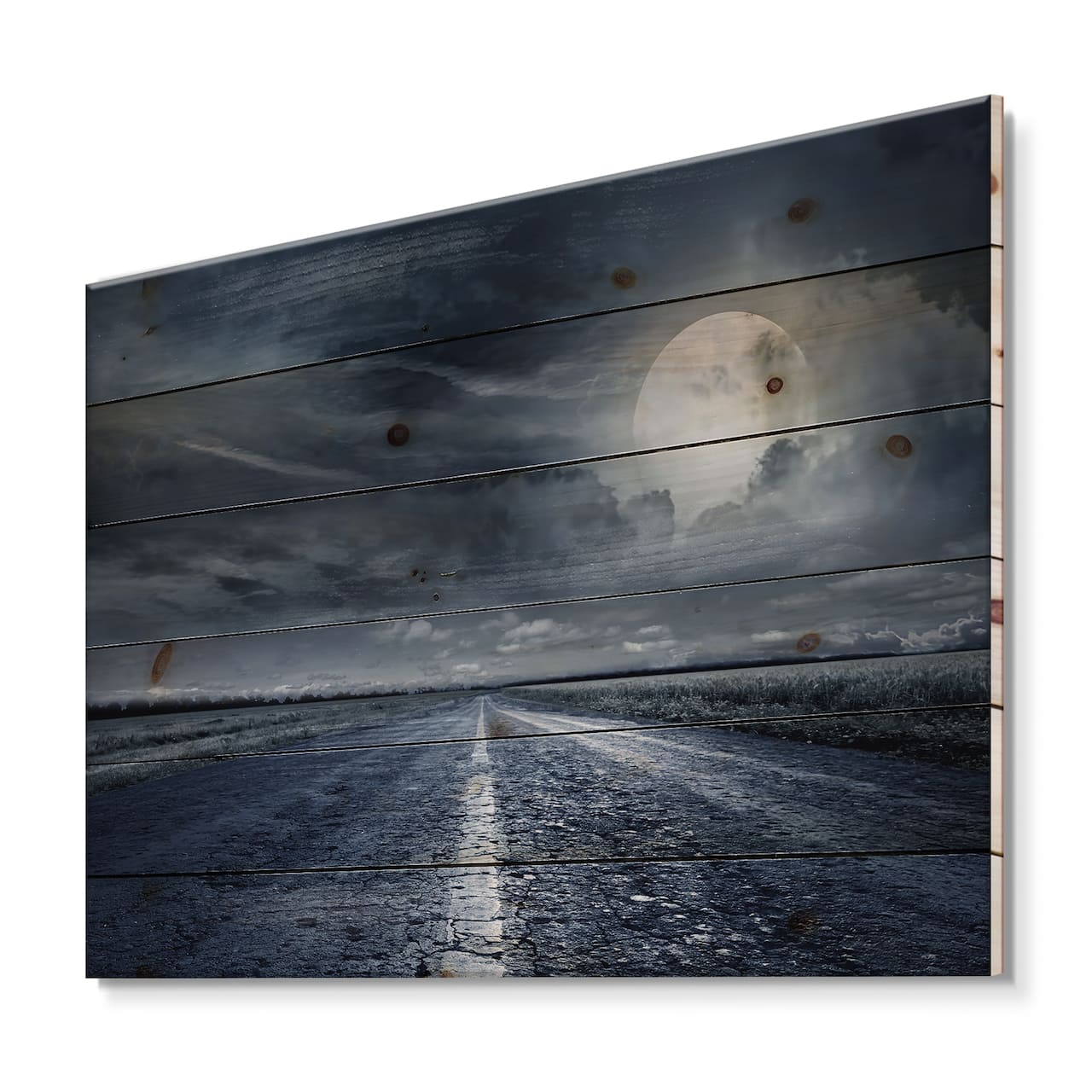 Designart - Asphalt Road Under Cloudy Full Moon II - Nautical & Coastal Print on Natural Pine Wood